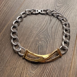 Vintage Monet Two Tone Chunky Chain Necklace, Gold and Silver Heavy Oval Link Collar, 1980s Modernist Statement Jewelry, Fold Over Clasp