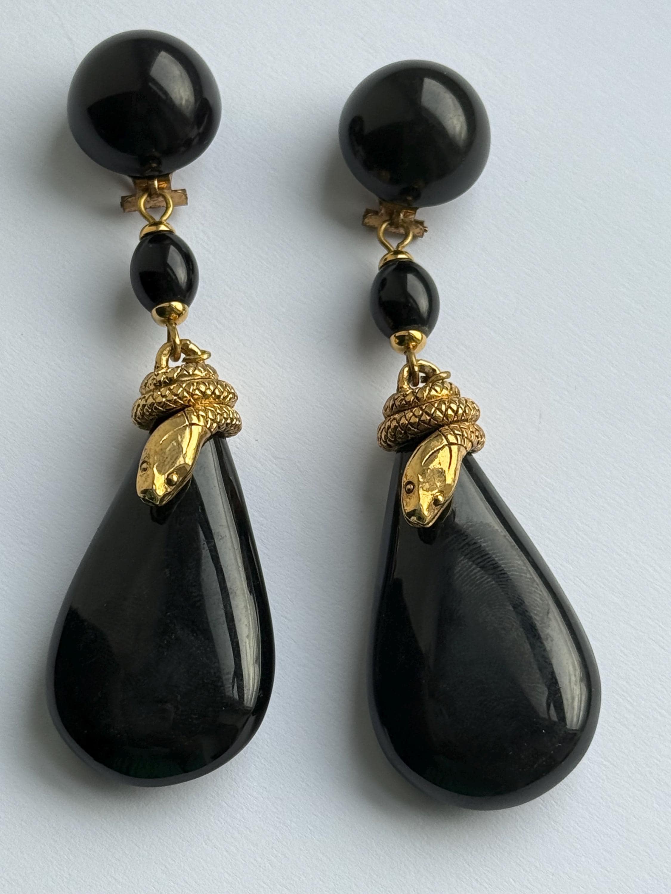 Rare French Vtg Chantal De Kerouartz Black Gold Snake Earrings