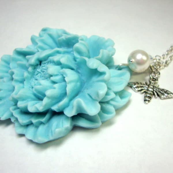 Aquamarine Peony Bee Necklace Bridesmaid Garden Wedding