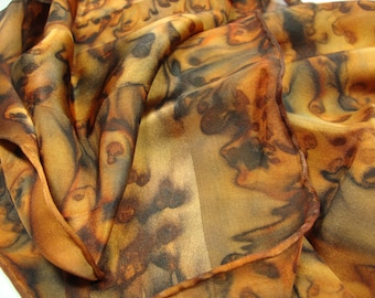 Scarf, Women, Silk, Hand Dyed Brown Black Animal Print Silk Scarf