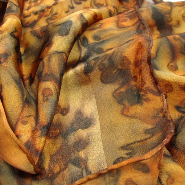 Scarf, Women, Silk, Hand Dyed Brown Black Animal Print Silk Scarf
