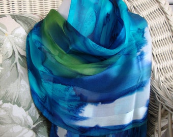 Scarf, Silk, Women, Hand Dyed, Silk Scarf, Marine Turquoise Lime White