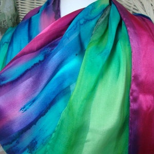 Scarf, Silk, Women, Fuschia Blue Purple Green Hand Dyed Silk Scarf Hawaii image 3