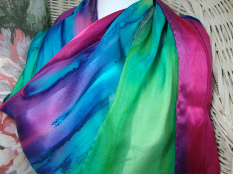 Scarf, Silk, Women, Fuschia Blue Purple Green Hand Dyed Silk Scarf Hawaii image 3