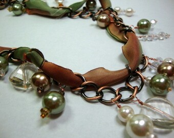 Romantic Elegance with Pearls, Crystals and Silk Necklace