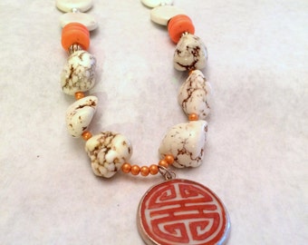 Women, Jewelry, Buffalo Turquoise Orange Pottery Shard Pendant Necklace