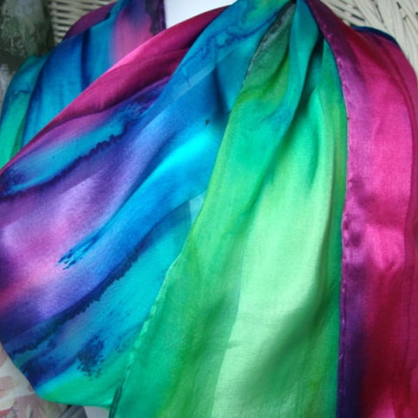 Scarf, Silk, Women, Fuschia Blue Purple Green Hand Dyed Silk Scarf Hawaii