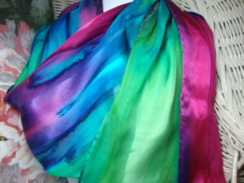 Scarf, Silk, Women, Fuschia Blue Purple Green Hand Dyed Silk Scarf Hawaii image 1