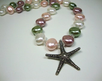 Mermaid Starfish Necklace Pink Ivory Mauve Green Pearls, Bridesmaid Necklace, Destination Wedding Jewelry