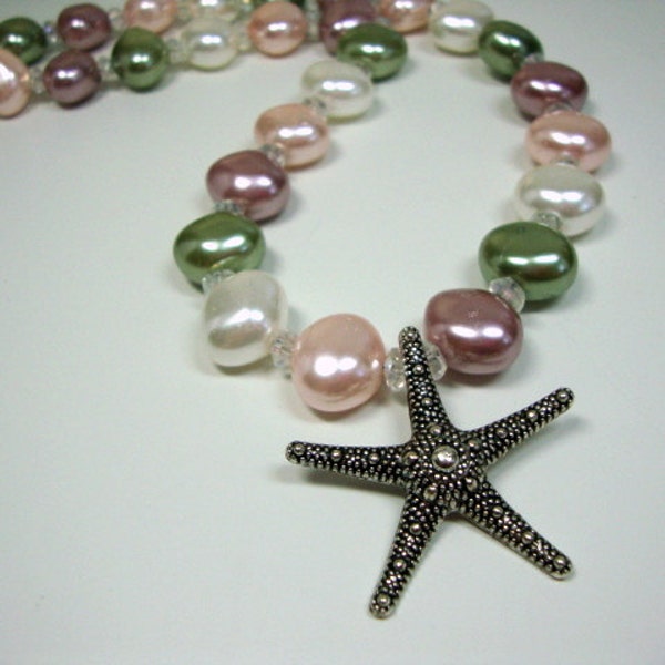 Mermaid Starfish Necklace Pink Ivory Mauve Green Pearls, Bridesmaid Necklace, Destination Wedding Jewelry