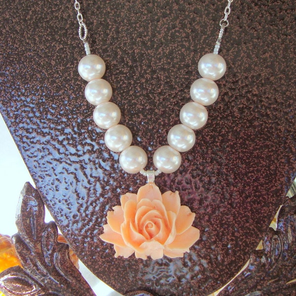 Sweet Caroline Pearl Coral Rose Bridesmaid Necklace Wedding Jewelry