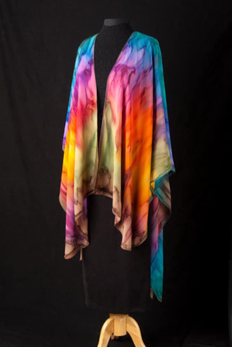 Silk Ruana Hand Dyed Extra Large Hand Painted Cape Over the Rainbow