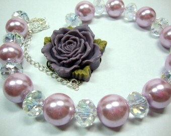 Old Fashioned Purple Rose Huge Lavender Pearls with Large Crystals Necklace