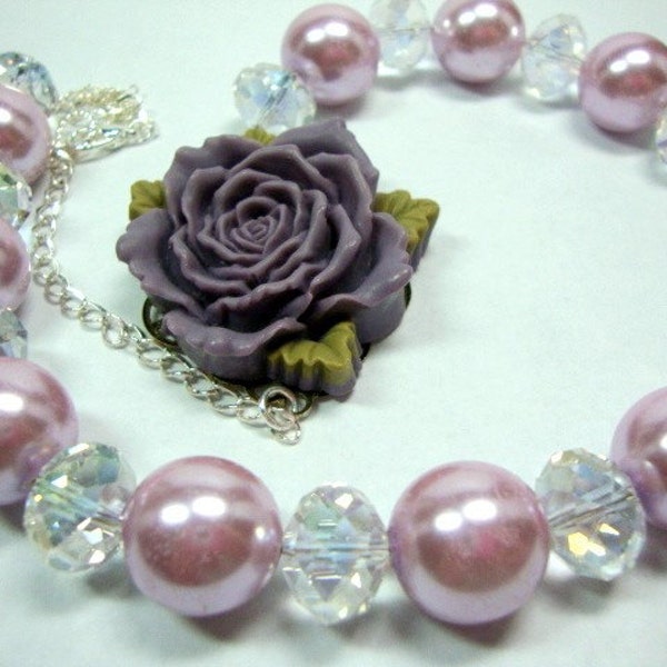 Old Fashioned Purple Rose Huge Lavender Pearls with Large Crystals Necklace