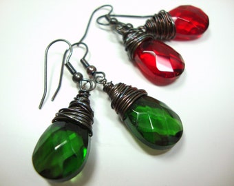 Dark Red or Green Crystal Earrings, Deep Red Green Swarovski Flat Briolette Wire Wrapped Oxidized Sterling Silver.