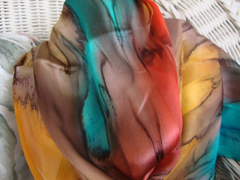 Scarf, Silk, Women, Hand Dyed, Southwest Soiree Silk Scarf, Chestnut Seabreeze Apricot image 4