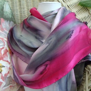 Scarf, Silk, Women, Pink and Gray Prim and Proper Hand Painted Silk Scarf