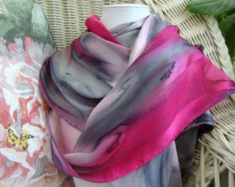 Scarf, Silk, Women, Pink and Gray Prim and Proper Hand Painted Silk Scarf