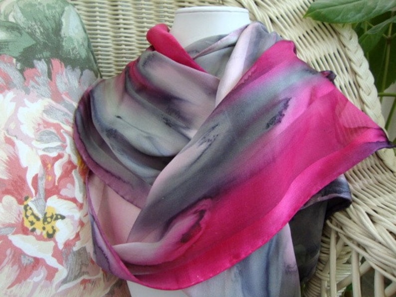 Scarf, Silk, Women, Pink and Gray Prim and Proper Hand Painted Silk Scarf image 1