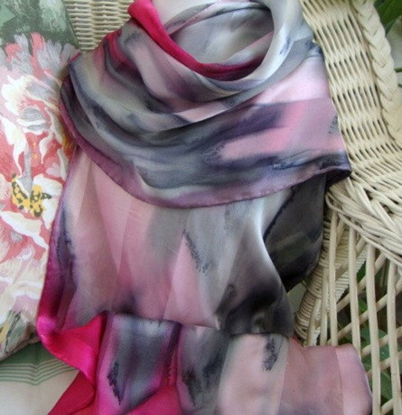 Scarf, Silk, Women, Pink and Gray Prim and Proper Hand Painted Silk Scarf image 2