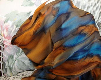 Scarf, Silk, Women, Hand Dyed, Silk Scarf, Marine and Cognac