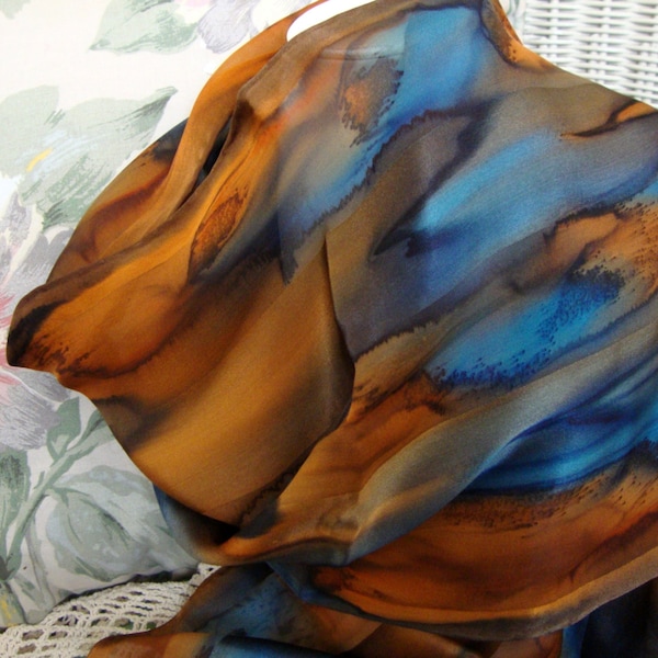 Scarf, Silk, Women, Hand Dyed, Silk Scarf, Marine and Cognac