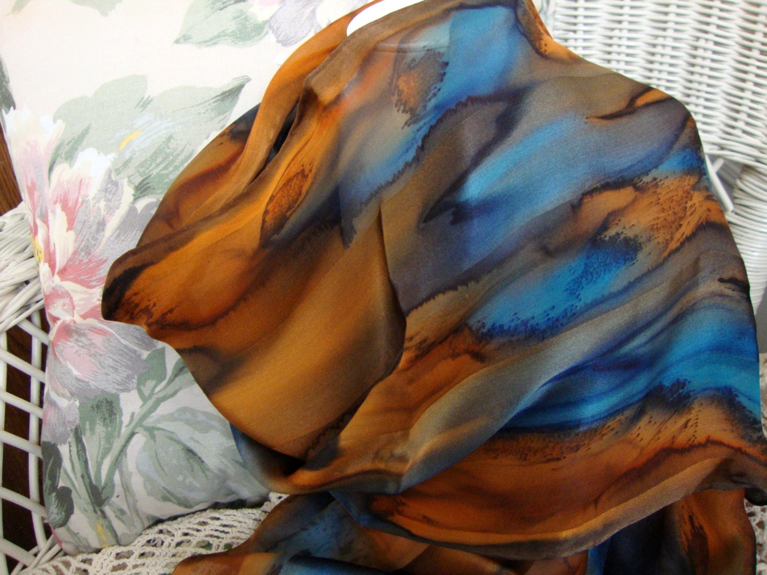 Scarf, Silk, Women, Hand Dyed, Silk Scarf, Marine and Cognac