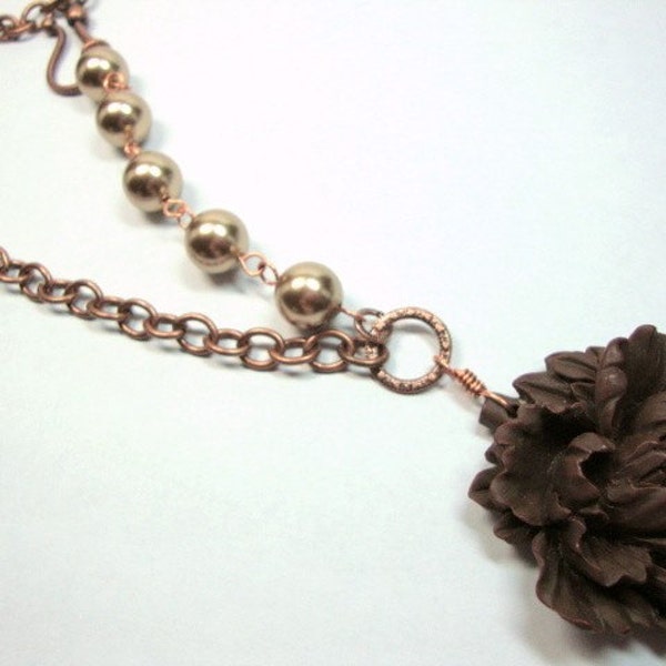 Rich Brown Peony with Bronze Pearls, Bridesmaid Gift, Wedding Jewelry