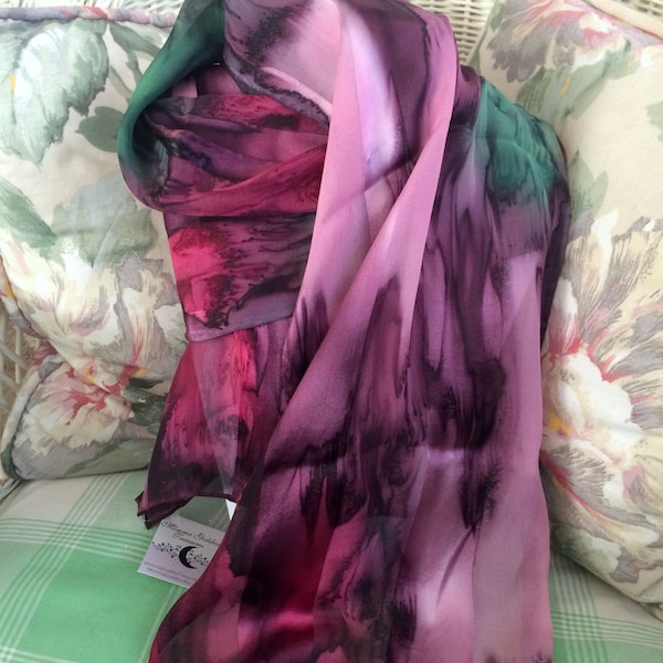 Scarf, Silk, Women, Hand Dyed,  Silk Scarf,  Purple Pink Green