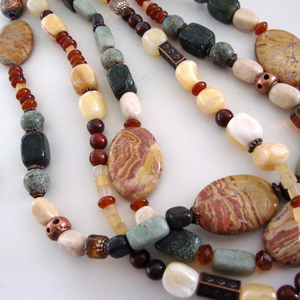 Triple Strand Necklace with Warm Semi Precious Gem Stones FREE earrings