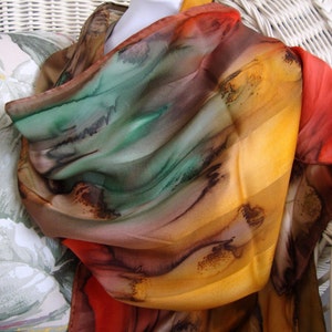 Scarf, Silk, Women, Hand Dyed, Silk Scarf, Chestnut Antelope Olive Apricot