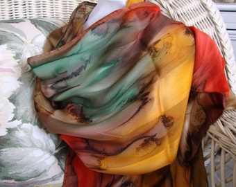 Scarf, Silk, Women, Hand Dyed, Silk Scarf, Chestnut Antelope Olive Apricot