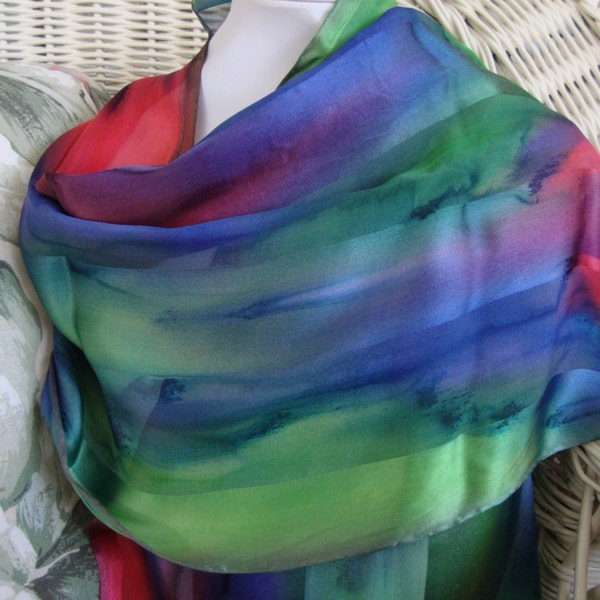 Scarf, Silk, Women, Hand Dyed, Marina Silk Scarf, Blueberry Lime Papaya