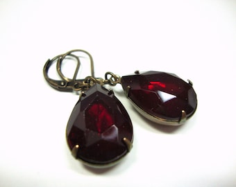 Women, Estate Style, Vintage Style, Siam Ruby Red Glass Pear Shaped Antiqued Brass Earrings