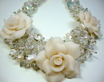 Clear Crystals with White Ivory Freshwater Pearls Necklace with White Roses Bridal Bridesmaid Wedding Jewelry