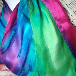 Scarf, Silk, Women, Fuschia Blue Purple Green Hand Dyed Silk Scarf Hawaii image 2