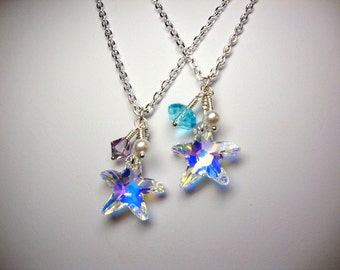 The AB Crystal Starfish Necklace Set of Two Bridesmaid Beach Wedding Jewelry