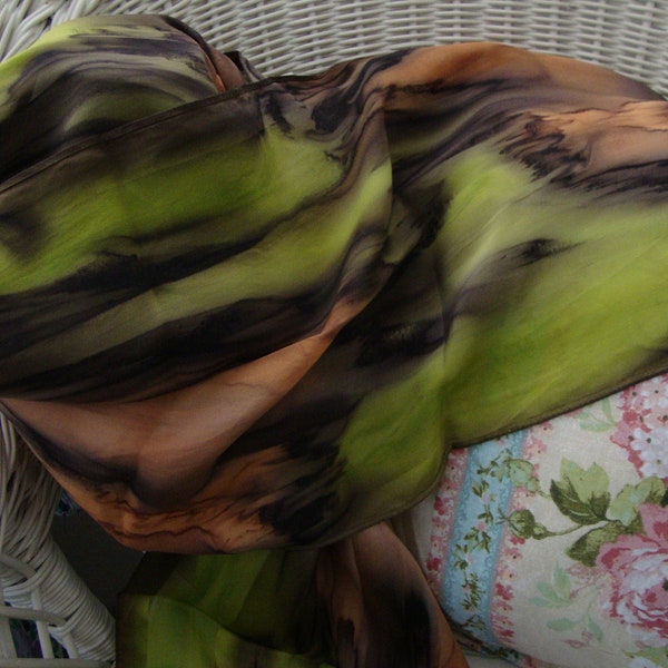 Silk Scarf, Hand Dyed, Hand Painted, Jungle Safari NEW Brown Chartreuse, Gift for Women