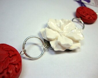 Red Cinnabar White Flower Bracelet in Red and White