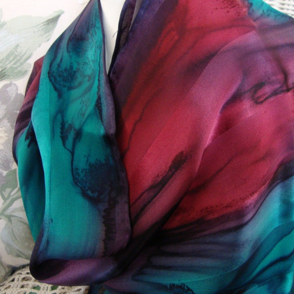 Scarf, Silk, Women, Hand Dyed, Silk Scarf, Plum, Silk Teal, and Autumn Red