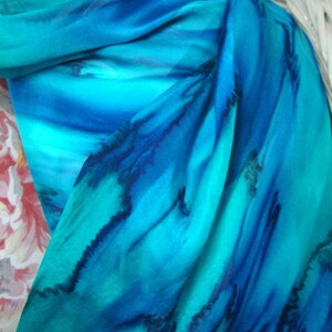 Scarf, Silk, Women, Hand Painted, Deep Ocean Blue with Teal Silk Scarf image 2