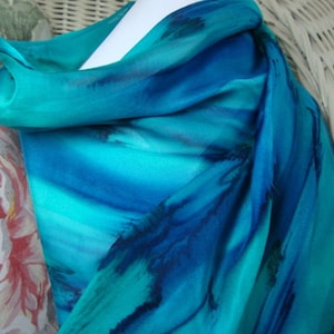 Scarf, Silk, Women, Hand Painted, Deep Ocean Blue with Teal Silk Scarf image 1
