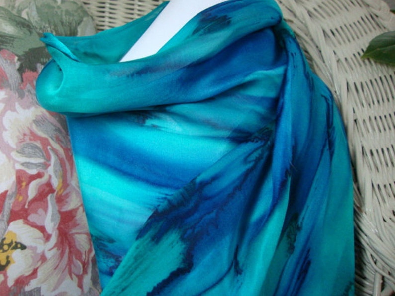 Scarf, Silk, Women, Hand Painted, Deep Ocean Blue with Teal Silk Scarf image 1
