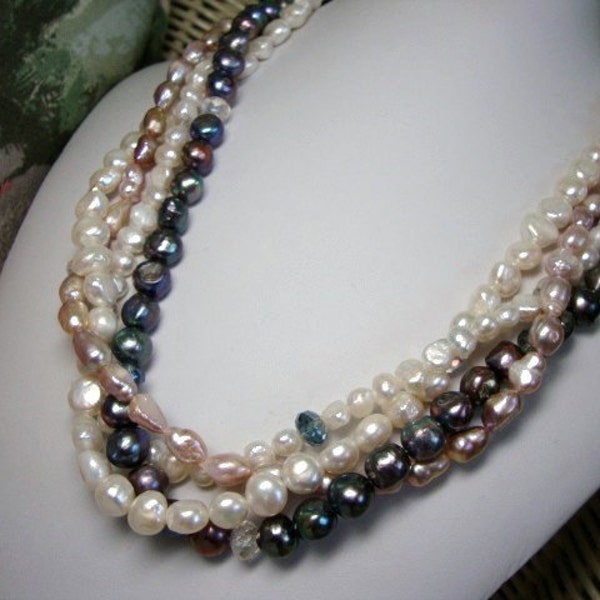 Multi Strand Freshwater Pearl Necklace in Peacock Mauve Ivory Formal Occasion Wedding Jewelry