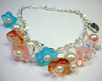 Blossom Time Bracelet with Flowers and Pearls, Gift for Her, Dainty Cha Cha