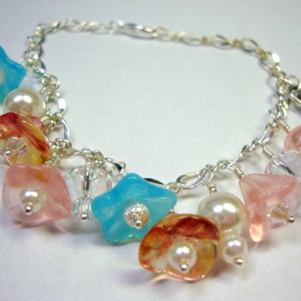 Blossom Time Bracelet with Flowers and Pearls, Gift for Her, Dainty Cha Cha