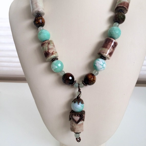 Mint Green and Brown Faceted Agate Necklace | Etsy