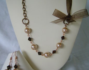 Pearl Crystal Ribbon Chain Bronze Tara Necklace Bridesmaid Wedding Jewelry