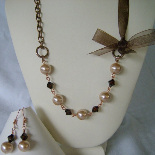 Pearl Crystal Ribbon Chain Bronze Tara Necklace Bridesmaid Wedding Jewelry