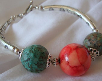 Silver Sunrise Bracelet with Turquoise and Coral